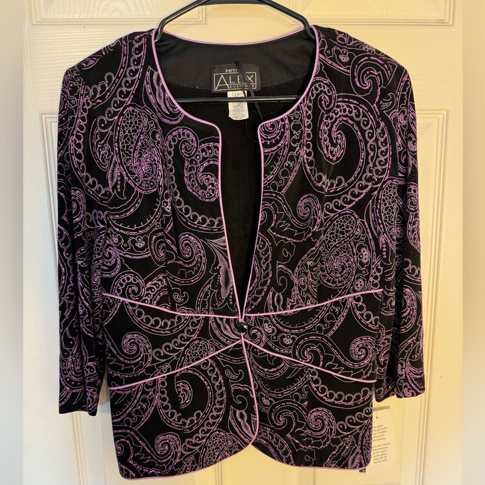 Alex Evenings Pink And Black Sparkly Paisley Cardigan Dressy Blazer LP NWT